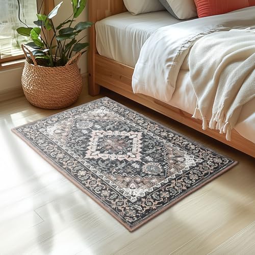 Lessymo 2 x 3 Entryway Rug, Machine Washable Area Rugs Boho Faux Wool Low Pile Area Rug for Bedroom, Floral Medallion Vintage Outdoor Rugs with Non-Slip Rubber,Black Brown - color: Black Brown, size: 2' x 3' (Rectangular)