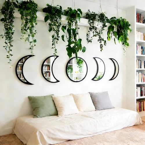 5-piece Set of Moon Phase Mirror Decorations in Nordic Style, Acrylic Mirror paired with Wooden Combination, Bohemian Style Living Room Bedroom Home Decoration, Black (Black) - color: Black
