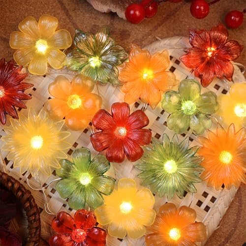 Cute Flower Fairy Lights String of flowers for decorating-7ft 20LED Waterproof Battery Operated String Lights Outdoor Indoor- Floral Garland for Wedding Garden Christmas Tree Bedroom Wreath Decor - color: Red-Green-Yellow-Orange