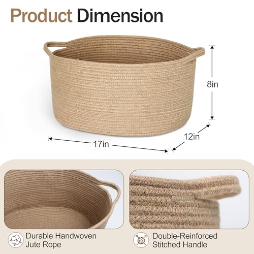 MEGASKET Jute Wicker Storage Basket with Handles, 17"x12"x8" Decorative Woven Baskets for Organizing Dog Toy, Gifts, Book, Towel, Cloth, Boho Storage Bin for Shelves, Entryway, Closet, Home Decor - color: Jute