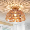 Boho Rattan Ceiling Light Fixtures Boho Lamp Shade Flush Mount Ceiling Light Hand-Woven Small Chandelier Wooden Base Chandelier Light for Hallway Bedroom Kitchen Nursery - color: Brown-Ceiling light