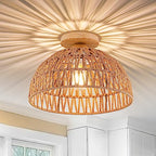 Boho Rattan Ceiling Light Fixtures Boho Lamp Shade Flush Mount Ceiling Light Hand-Woven Small Chandelier Wooden Base Chandelier Light for Hallway Bedroom Kitchen Nursery - color: Brown-Ceiling light