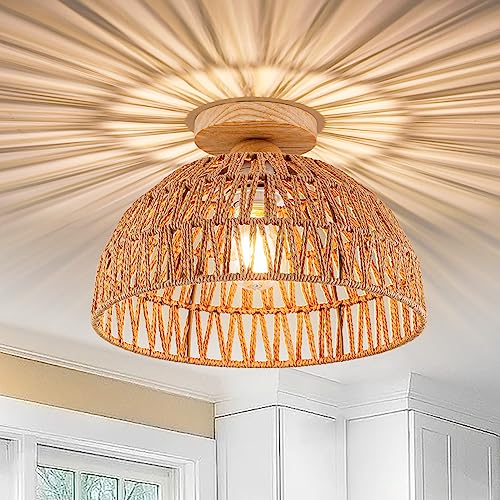Boho Rattan Ceiling Light Fixtures Boho Lamp Shade Flush Mount Ceiling Light Hand-Woven Small Chandelier Wooden Base Chandelier Light for Hallway Bedroom Kitchen Nursery - color: Brown-Ceiling light