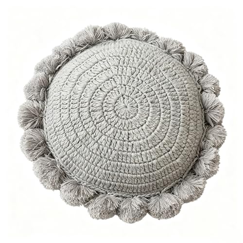 Byitre Bohemian Round Pillow 20 Inch | 100% Cotton Decorative Pillow Hand Tufted with Chunky Textured Poms | Boho Throw Pillow for Bed or Couch | Natural Grey Throw Pillow - color: Sunflower Grey