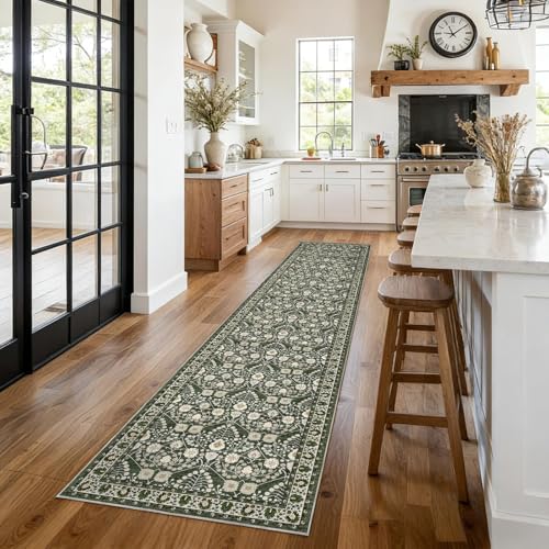 2x10 Washable Runner Rug for Hallways: Non Slip Boho Floral 2'x10' Long Botanical Rugs for Kitchen,Laundry,Bedroom - Indoor Green Rugs Soft Low Pile Carpet Runners with Rubber Backing - color: Green, size: 2' x 10' (Rectangular)