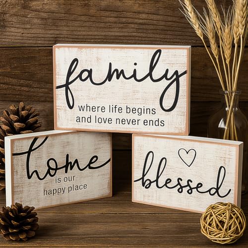Jetec 3 Pcs Wooden Family Sign Rustic Blessed Home Wall Art Mini Wood Wall Decor Farmhouse Table Shelves Decoration Sign for Bedroom Kitchen Living Room Table Decor (Retro Color,7 x5 x 0.59 in) - color: Retro Color, size: 7 x 5 x 0.59 in