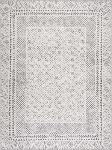 Hauteloom Burdette Machine Washable Boho Vintage Bordered Area Rug - Farmhouse Traditional Trellis Carpet for Living Room, Bedroom - Transitional - Gray, Cream, Charcoal - 8'10" x 12' - color: Light Beige, Charcoal / Burdette Washable, size: 8'10" x 12' (