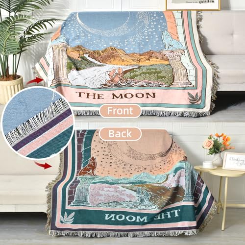 Boho Throw Blanket Reversible Cotton Bohemian Tapestry Hippie Room Decor Double Sided (Boho The Moon 50"x60") - color: Boho the Moon, size: 50*60 inch