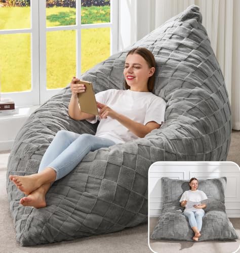 Hobestluk 3 in 1 Bean Bag Chair Giant Bean Bag Chairs for Adults with Plaid Cover Convertible Bean Bag Floor Cushion with Machine Washable Cover for Living Room (Plaid Grey) - color: Cloud Grey