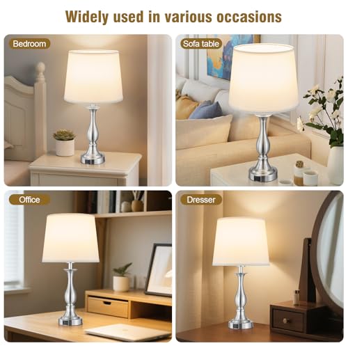 Bedside Table Lamp Touch Control Bedroom Lamps with USB A + C Charging Port 3 Way Dimmable Touch Lamps for Nightstand Living Room Bedroom Dorm Home Office Reading, Set of 2 (White Shade & Nickel Base) - color: White Shade & Nickel Base