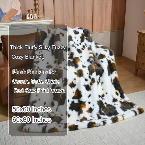 Luxury Fluffy Faux Fur Throw Blanket,Thick Fluffy Silky Fuzzy Cozy Blanket,Plush Blankets for Couch, Sofa, Chair, Bed-Cow Print-Brown 50 * 60inch - color: Cow Print-brown, size: Throw (50" x 60")