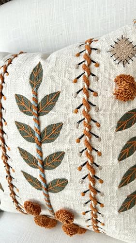 Burnt Orange Hand Embroidered 20x20 Throw Pillow Cover - Ivory Botanical Cushion Cover for Sofa Couch Living Room - Folk Boho Farmhouse Decor - Saloni - color: Burnt Orange-saloni, size: 20" x 20" (Pack of 1)