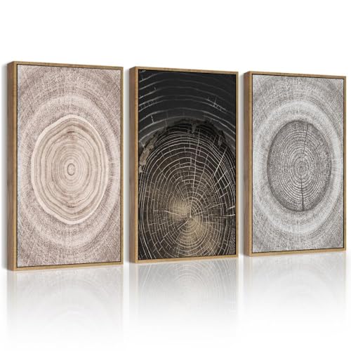 PHOPAGO Vintage Wood Tree Rings Wall Art Farmhouse Rustic Framed Canvas Paintings Living Room Bedroom Decor Nature Artwork 11x14in Natural Framed - color: Tree Grain Ring, size: 11" x 14" x 3 Pcs Natural