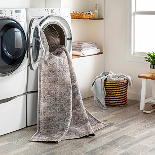 Hauteloom Pegasus Oriental Medallion Living Room Bedroom Area Rug - 0.04" Pile Height - Machine Washable - Vintage Distressed - Traditional Faded - Brown, Navy Blue, Beige - 6'7" x 9' - color: Brown, Charcoal, Light Gray / Mignon, size: 6'7" x 9' (Rectang