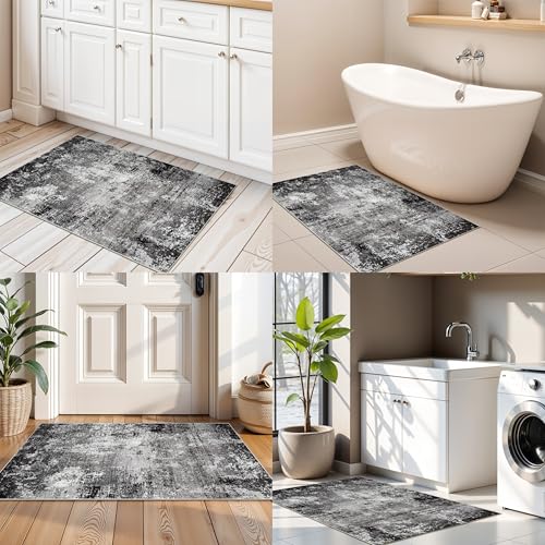 2x3 Washable Entryway Rug – Non-Slip Modern Abstract Neutral Small Throw Area Rug for Kitchen, Bedroom – Soft Low Pile Thin Indoor Door Mat（Black Grey,2x3） - color: Black Grey, size: 2' x 3' (Rectangular)