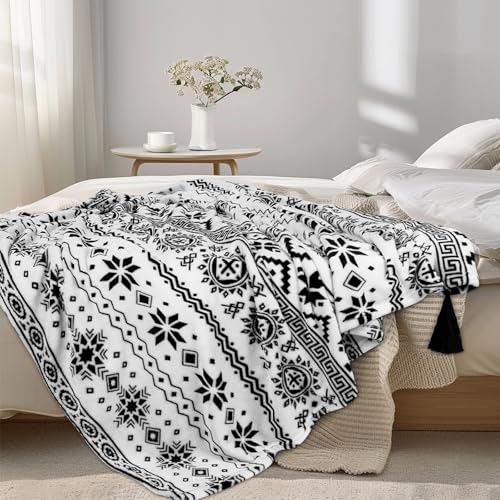MACEVIA Flannel Boho Blanket for Couch, Country Western Aztec Printed Throw with Tassel, Soft Cozy Bohemian Blanket for Home Decor (Black and White, 50x60inches) - color: Boho Black and White, size: Flannel Fleece (50x60 IN)