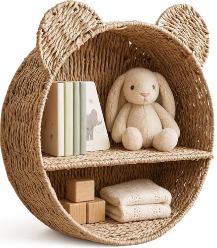 Woven Wall Basket Shelf Bear Nursery Decor — Boho Handwoven Hanging Wall Decor for Kids Room, Paper Rope Stuffed Animal Organizer, Baby Nursery Floating Shelf - color: Khaki