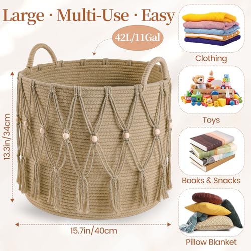Blanket Basket for Living Room Decor Storage Basket for Toy Organizer Boho Decor Baskets for Modern Farmhouse Decor Small Laundry Basket for Bedroom and Laundry Room Organization,Beige - color: Beige