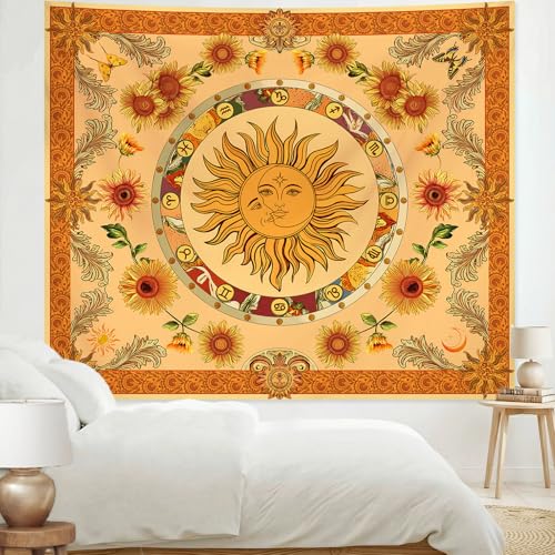 Apdidl Boho Sun and Moon Yellow Tapestry for Bedroom, Vintage Indie Hippie Orange Wall Tapestries, Nature Sunflower Blanket Cute Wall Hanging, Butterfly Moth Aesthetic Art Decor for Living Room 51" X 60" - color: Yellow Sun Tapestry, size: 60"L x 51"W