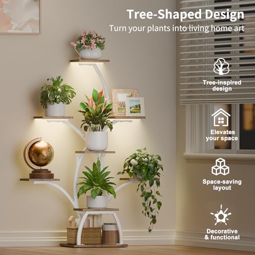 Plant Stand Indoor with Grow Lights, 6 Tiered Plant Shelf Indoor, 50" Corner Plant Stands for Indoor Plants, Lighted Tree-Shaped Plant Holder, Tall Flower Display Rack for Living Room, Patio（White) - color: White