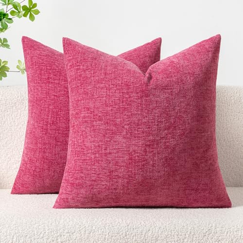 MIULEE Pack of 2 Couch Throw Pillow Covers 16x16 Inch Soft Hot Pink Chenille Pillow Covers for Sofa Living Room Solid Dyed Pillow Cases - color: Hot Pink, size: 16" x 16" (Pack of 2)