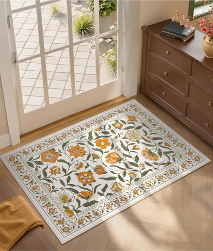 Collive Washable Kitchen Rugs, Spring Floral 2 x 3 Small Entryway Rug Modern Soft Bedroom Carpets, Yellow Vintage Boho Throw Mats Non Slip Stain Resistant Bathroom Carpet for Door Mat, Kids Room - color: Yellow, size: 2' x 3'