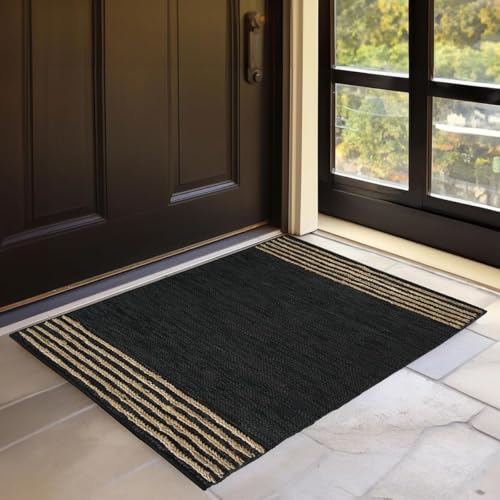 GRUHUM Black Jute Area Rug 2x3ft - Natural Fiber Rectangular Black Leather Handwoven Boho Farmhouse Soft Braided Vintage Eco Friendly Rugs Indoor Living Room Kitchen Hallways Enterways Doormat 2x3 ft - color: Natural Black- 20, size: 2' x 3' (Rectangular)