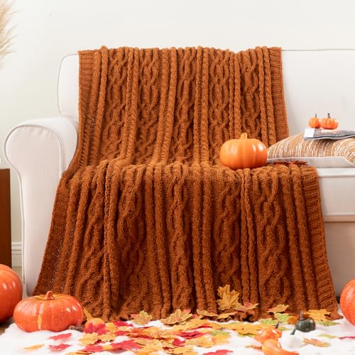 Battilo Caramel Throw Blanket for Couch, Rust Throw, 51" x 67", Super Soft Warm Chenille Cable Knit Blanket Boho Decorative Fall Throw Blanket for Bed, Sofa and Living Room - color: Caramel