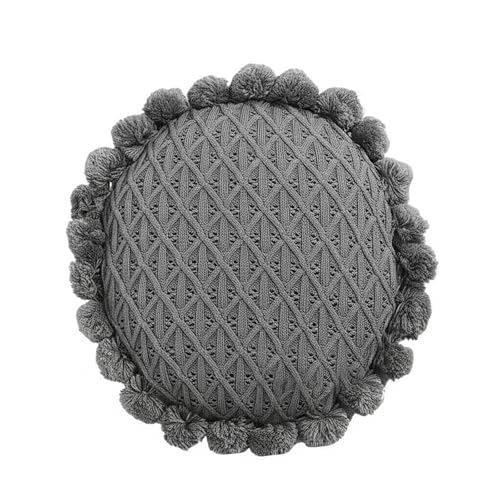 Byitre Bohemian Round Pillow 20 Inch | 100% Cotton Decorative Pillow Hand Tufted with Chunky Textured Poms | Boho Throw Pillow for Bed or Couch | Natural Grey Throw Pillow - color: Lattice Grey