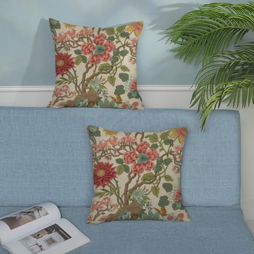Chinoiserie Throw Pillow Covers 16x16 Inch 2 Pcs Pink Sage Green Floral Decor Pillow Covers Vintage Flower Spring Summer Outdoor Boho Decorative Pillowcase Linen Cushion Cover for Couch - color: Chinoiserie Pink Green Floral, size: 16" x 16" (Pack of 2)