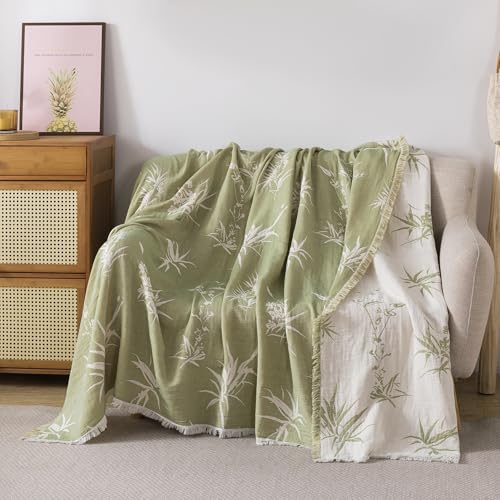 Lemfux 4-Layer 100% Cotton Muslin Cooling Blanket, Boho Floral Gauze Throw with Fringe, Ultra Soft Breathable Lightweight Bedspread Coverlet for Bed Sofa Couch - color: Green Leaves, size: 80"x90"