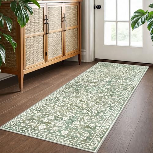 Vintage Washable 2x5 Rug Runner, Sage Green Beige Runners for hallways, Super Soft Kitchen Runner Rug Non Slip, Print Faux Wool Floral Thin Carpet Runner for Entryway Indoor Bedroom - color: Muted Sage Green With Beige Accents, size: 2' x 5' (Runner)