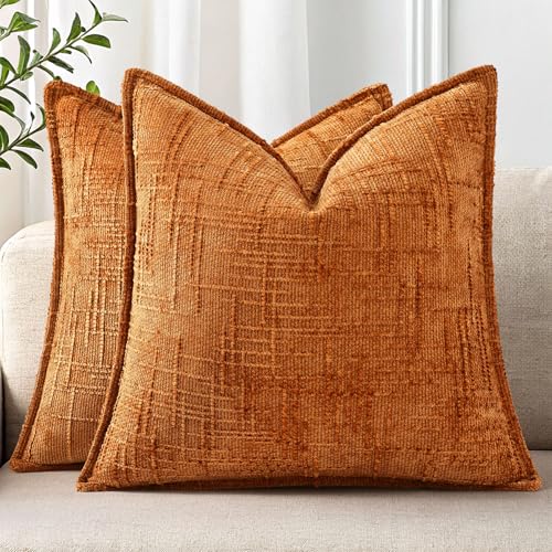 decorUhome Chenille Fall Throw Pillow Covers 20X20 Set of 2, Soft Textured Slubby Modern Decorative Pillow Covers with Elegant Design for Couch, Sofa, Living Room, Burnt Orange - color: Burnt Orange, size: 20" x 20" (Pack of 2)
