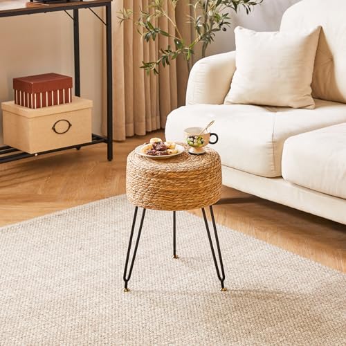 YMYNY Pouf Ottoman, Handmade Natural Water Hyacinth, Pastoral Style Footrest, Footstool with 4 Metal Legs Round Vanity Stool for Bedroom, Hallway, Living Room 12.59"L×12.59"W×17.71"H Natural UHBD029N - color: Natural Color