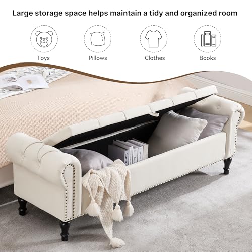 67 Inch Storage Bench for Bedroom, King Size End of Bed Bench, Upholstered Bench with Rolled Arms, Linen Tufted Button Storage Ottoman Benches, Living Room, Entryway, Beige - color: Beige, size: 67inch-linen