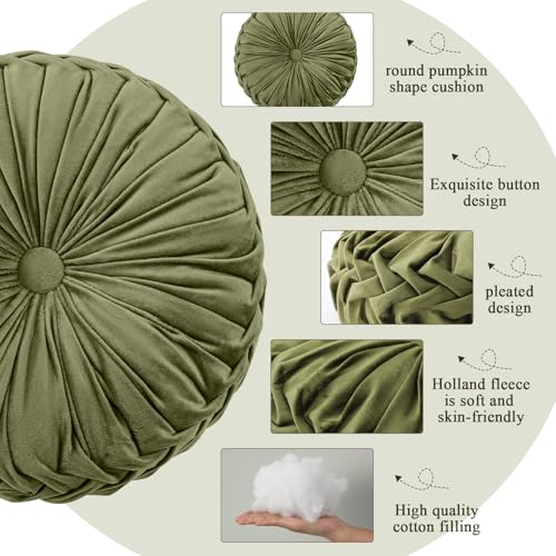 Drydiet 1 Pcs Round Throw Velvet Pillows Decorative Pleated Throw Pillows Diameter Accent Pumpkin Boho Chair Cushion for Couch Sofa Home Decoration (Dark Olive Green,15'') - color: Dark Olive Green, size: 15''
