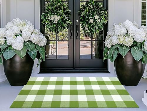 2x4 Outdoor Rug,Green and White Buffalo Plaid Rug Cotton Woven Machine Washable Outdoor Front Door Mat for Indoor Outdoor Front Porch,Entryway,Entrance - color: Green White, size: 2' x 4'3" (Rectangular)