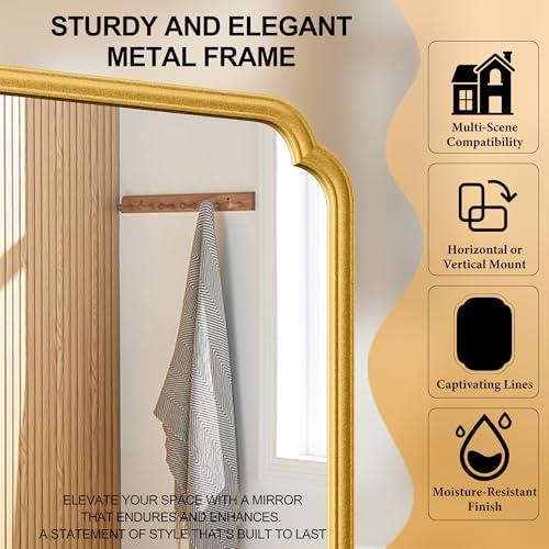 Ferytange 26"x40" Rustproof Bathroom Mirror Gold, Round Corner Metal Frame Wall Mirror, Horizontal/Vertical Hanging Over Sink, Bedroom Bathroom Decor - color: Gold, size: 40"L x 26"W