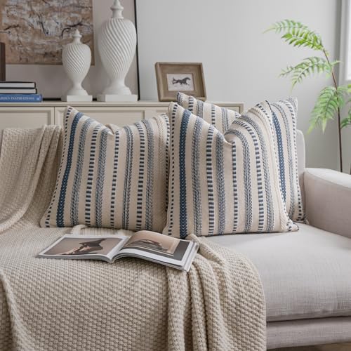 Cethom Blue and Beign Boho Throw Pillow Covers 22x22 Inch Set of 2, Stripe Textured Decorative Couch Pillow Cases for Bed, Sofa, Living Room, Bedroom, Farmhouse Home Accent Cushion Covers - color: Blue, size: 22" x 22" (Pack of 2)