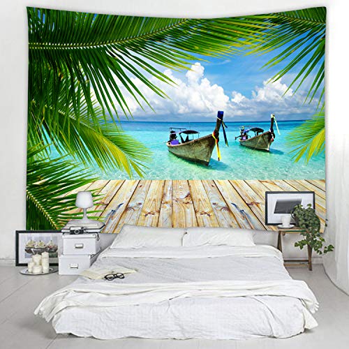 LYFANS Printed Fabric Tapestry Decorative Wall Art Tapestry Bedroom Dormitory Living Room Tapestry [79 x 59 inches] Seaside Boat Coconut Leaves - color: Seaside Boat Coconut Leaf, size: 79x59inch