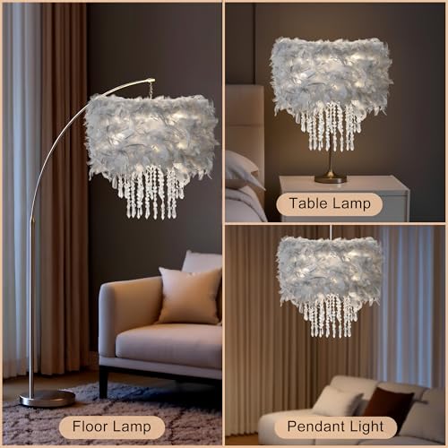 Feather Lamp Shade with Acrylic Beads Droplets, Fluffy Light Shade for Pendant, Table, Floor & Wall Lighting, Girl Bedroom Decor, ID 15.7inch, OD 19.7inch, Grey - color: Grey, size: 19.7 inches