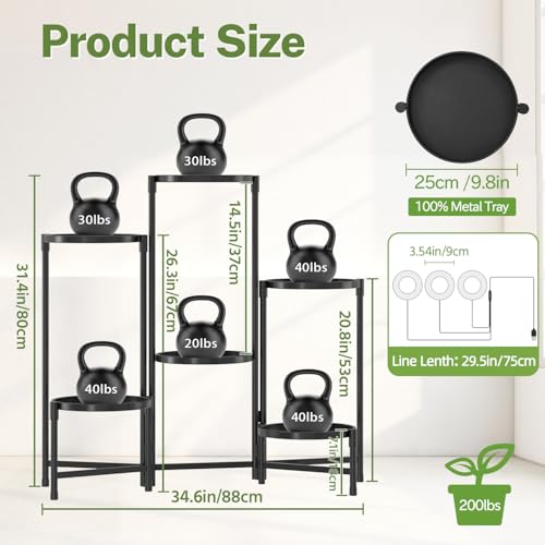 iDavosic.ly 6 Tier Large Plant Stand Indoor with Grow Light, Tiered Corner Metal Outdoor Flower Display Holder Shelf with 10 Inch Wide Tray, Folding Tall Rack for Patio Porch Living Room, Black - color: Black with Lights, size: 6 Tiers