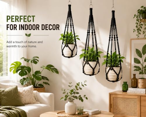 3-Pack Macrame Plant Hanger Indoor - Hanging Planter Basket for Indoor Outdoor - Decorative Boho Plant Holders Set with Beads - Ceiling Flower Pot Holder with 6 Hooks - 35"/30"/24" Black - color: Black