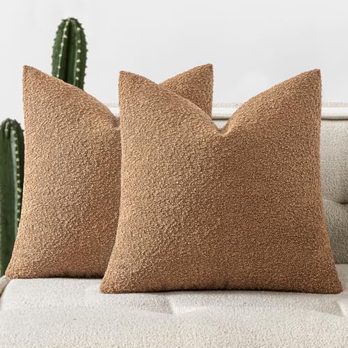 Pack of 2 20x20 Inch Decorative Boucle Throw Pillow Covers Textured Square Pillowcaes Accent Solid Cozy Soft Cushion Covers Home Decor for Sofa Couch Living Room Home Decor,Brown - color: Brown, size: 20" x 20" (Pack of 2)