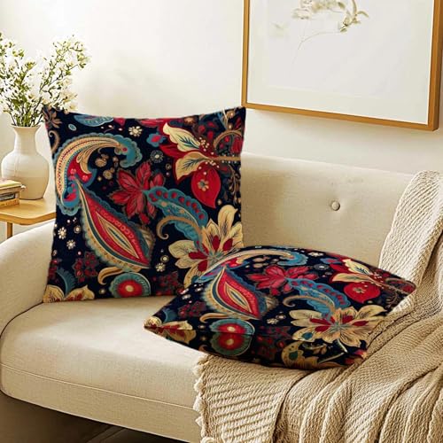 Firmiso Paisley Boho Throw Pillow Covers 18x18 Set of 2｜Decorative Cushion Covers for Couch Sofa Bed｜Vintage Floral Paisley Pillow Cases｜Navy Red Gold Bohemian Home Decor Accent - color: Paisley Boho