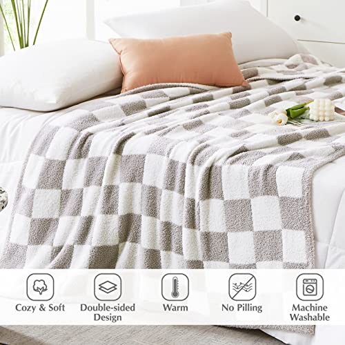 WRENSONGE Checkered Throw Blanket, Light Grey Soft Cozy Fluffy Warm Hand Made Throw Blankets for Couch, Sofa, Chair, Bed, Camping, Picnic, Travel Lightweight Bed Blanket - 50"*70" - color: Aspen Grey, size: Throw-XL(50"x 70")