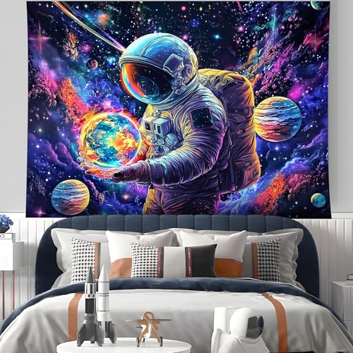 NYZE Astronaut Space Tapestry for Bedroom, Glow in the Dark Room Decor Wall Tapestries, Cool Galaxy Planet Wall Hanging, Wall Hanging for Men Guys Gamer Room Dorm Living Room 79in×59in - color: A-Astronaut, size: 79"L x 59"W