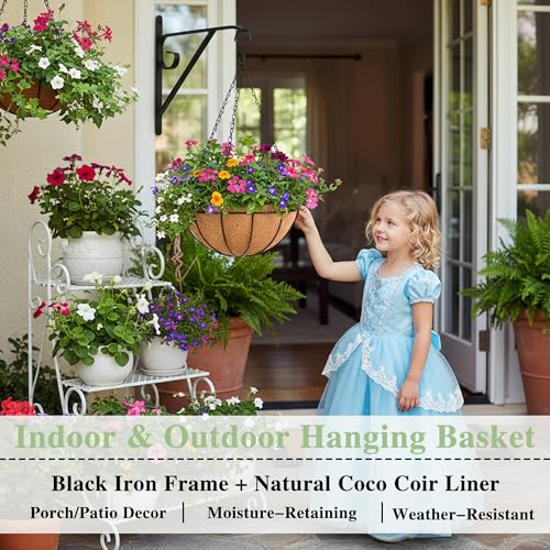 EIMQUVW Outdoor Metal Hanging Planters Basket (4pack, 16 inch) Hanging Baskets for Plants Chain Round Wire Plant Holder with Coco Fiber Liners for Garden, Patio, Deck, Porch - size: 16 Inch
