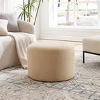 Boho Round Ottoman, Soft Pouf Ottoman, Farmhouse Footstool with Soft Padded Seating & Solid Wood Frame, Upholstered Vanity Stool Accent Seat for Living Room, Bedroom, Beige Woven Linen - color: Beige Weaving Linen Rope, size: Set of 1