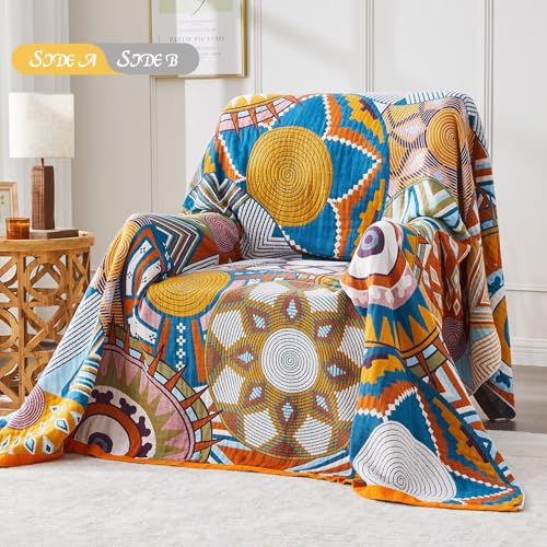 Boho Blanket Soft Muslin BohoThrow Blanket, 100% Cotton Floral Printed Farmhouse Decor All Season Reversible Rustic Throw for Sofa Couch Chair (Orange, 50"x60") - color: Orange, size: 50"x60"